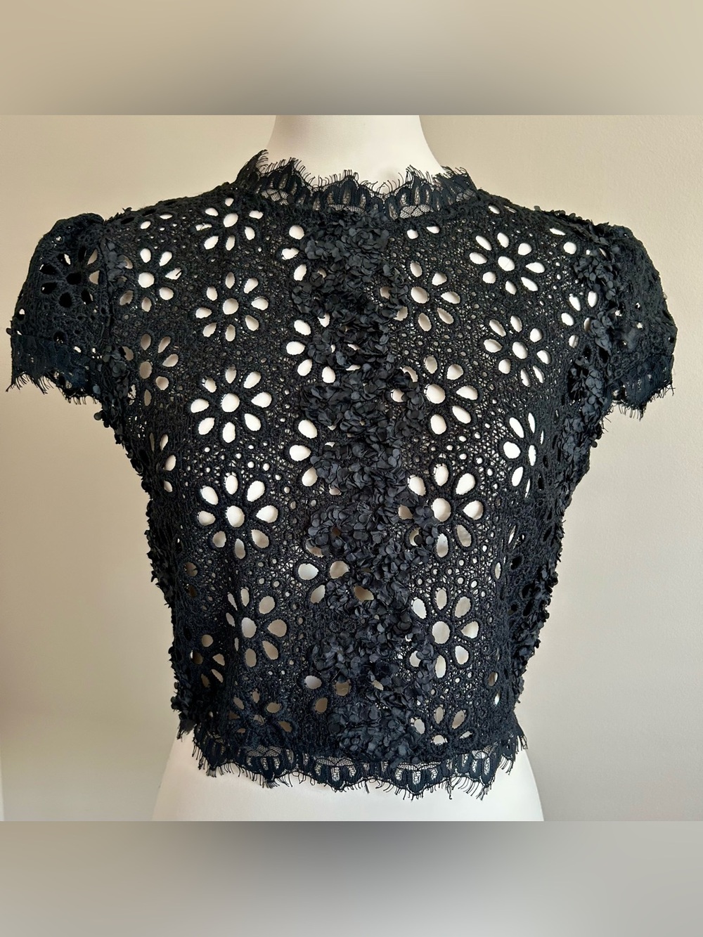 Chelsea Black Cropped Eyelet Lace Top - Like New